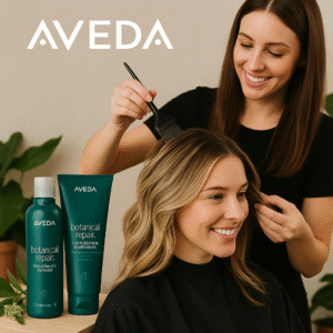 Stylist applying Aveda Botanical Repair treatment at Dame Salon Spa in De Pere, WI